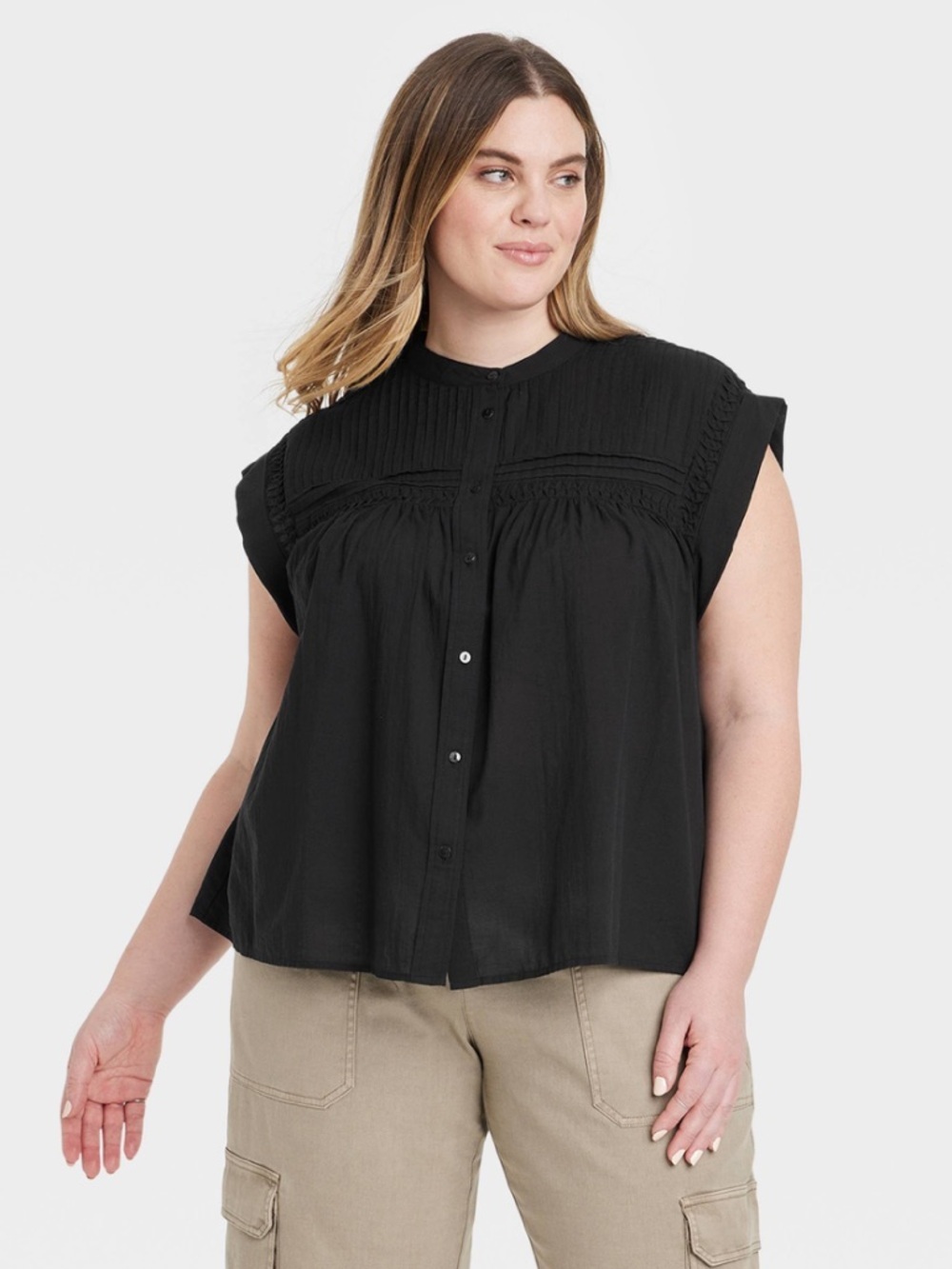 Universal Thread Black Pintuck Button-Front Cap Sleeve Blouse